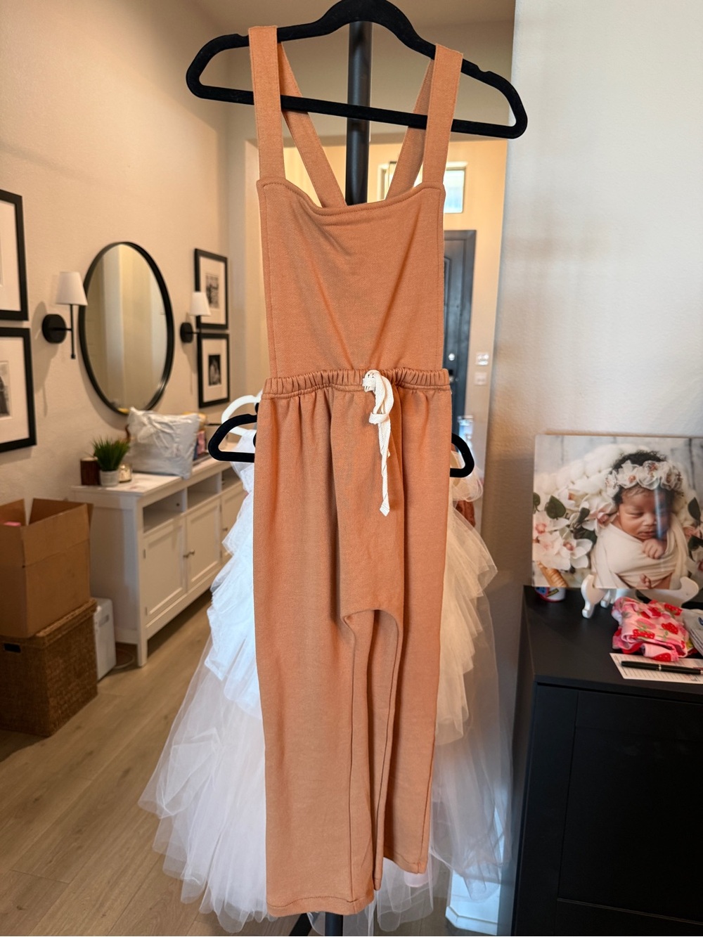 Little boy’s Rust Knit Suspender Jumpsuit